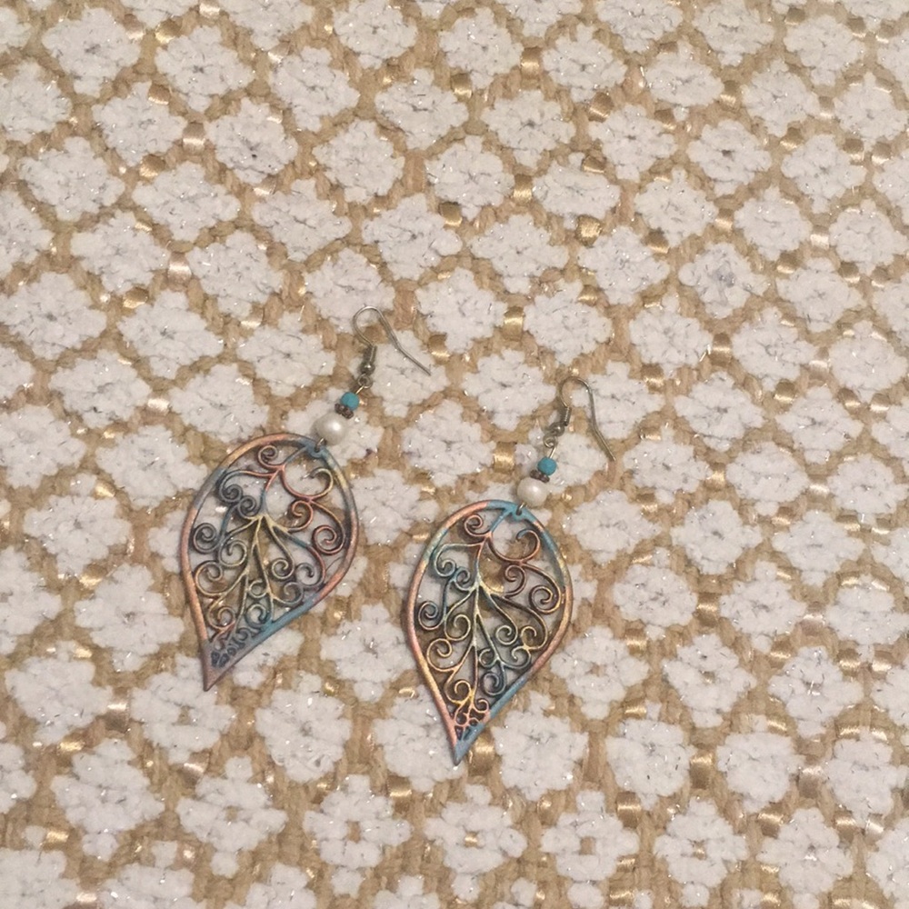 Copper Turquoise Large Lightweight Leaf Earrings - image 3